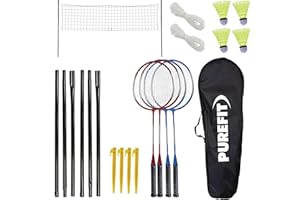 PUREFIT Badminton Set 4 Rackets, 4 Shuttlecocks, Net, Poles, Pegs & Carry Case – Outdoor Badminton Set for Garden, Kids, Adults & Family Fun