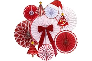 EASY JOY Reusable Christmas Decorations Ceiling Christmas Paper Decorations Red Hanging Paper Fans Bow Christmas Tree with Star Tree Topper for Xmas Holiday Wall Decor Winter New Year Party Supplies