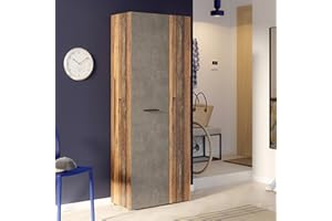 ‎FORTE Forte NET106 Schrank 70, Schuhschrank, Garderobenschrank, Abstellraum, Drehtürenschrank, 2-türig mit Einlegeböden, Betonoptik mit Holzdekor: Vintage Eiche, 68,7 cm breit x 181,1 cm hoch x 36,5 cm tief