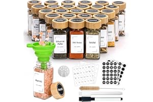 Roetell 24er Gewürzgläser Eckig Bambusdeckel,Gewürzgläser Eckig Set,120 ml Gewürzgläser mit Streueinsatz und Stylischen Gewürzetiketten, Spice Jars mit Stift & Trichter & Bürste