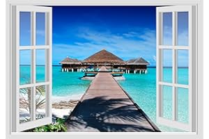 GAMESMONKEY Adesivi Murali Finestra - Paesaggi Vari Mare e Oceano - WALL STICKERS 3D parete muro (70x100 cm, Spiaggia Maldive - N013)