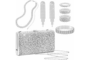 Kucheed 5 Pièces Ensembles de Bijoux en Argent pour Femme, Glitter Soirée Pochette Strass Collier Bracelet Bague,Cristal Pendre Boucles D'oreilles à Franges pour la Fête de Mariage