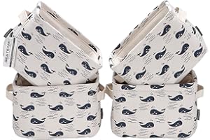 Sea Team Składany mini kwadratowy, nowy szary i biały motyw, 100% len i tkanina bawełniana, kosze do przechowywania, organizery na regały i biurka – zestaw 4 sztuk