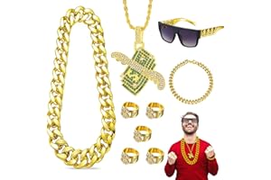 PIXESTT 9 Piezas Disfraces Hip Hop Kit, Disfraz Disco De Los AñOs 70 Y 80s, Collar Y Gafas para Rapero, Traje para Apero Color Oro, Anillo DóLar, para Fiestas TemáTicas De Cosplay Carnaval.