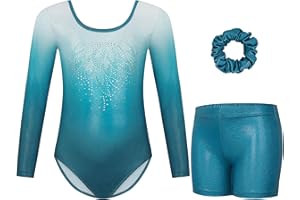 Gogokids Maillots de Gymnastique Trois Pièces pour Filles, Ensemble de Gymnastique à Manches Longues avec Short et Bandeau, Justaucorps de Danse Brillant avec Design de Couleur Dégradée pour 3-12 Ans