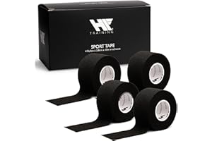 HF Training® - 4 x Profi Sporttape 3,8 x 10 m Schwarz für Fußball, Handball & Fitness (EXTRA STARK) - Sport & Fußball Tape für Stutzen, Knie & Handgelenk (wasserfest) - Physiotape (selbstklebend)