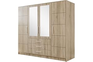 ‎MIRJAN24 Drehtürenschrank Bado 4D, Kleiderschrank mit Spiegel, Schubladen und Spiegeltüren, Elegantes Schlafzimmer Schrank, Jugendzimmer (Eiche Sonoma/Spiegel)
