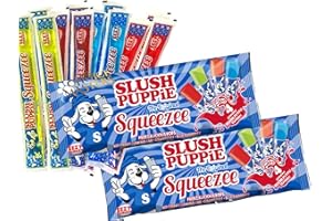 SYNC'T Slush Puppy The Original Squeezee Freeze Pops Ice Lolly Poles - 2 X (10 x 60mls) Red Cherry, Lemon &Lime, Strawberry and Blue Raspberry - Vegetarian, Vegan and Gluten Free - 20 Total