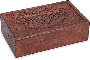 Ajuny Scatola Del Tesoro Decorativa in Legno Intagliata a mano con Fiori e Foglie Multiuso Organizer per Gioielli Portaoggetti Regali, marrone, 8 x 5 pollici