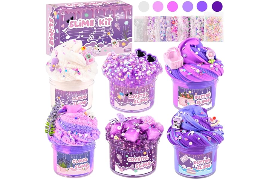 6 Pack Slime Kit, Purple Dream Slime Kids, Cloud Butter & Clear Slime, Party Favors, Toys for Girls Boys Ages 5 6 7 8 9 10 11 12, Goodie Bag Stuffers, Birthday Gift Ideas Cute Stuff