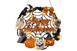 Halloween dörrkrans, halloweendekoration ytterdörr, dörrdekoration, dörrkrans med LED-lampor, 29 cm dörrskylt av trä, Happy H
