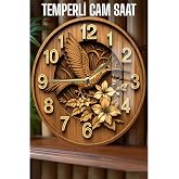 kutuTR Ahşap Desenli Kuş ve &Ccedil;i&ccedil;ek Motifli 3D G&ouml;r&uuml;n&uuml;ml&uuml; Temperli Cam Saat &ndash; 33 cm CSDW179