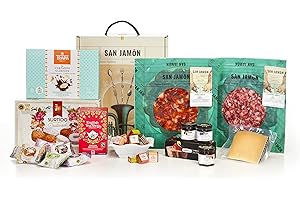 SAN JAMON SAN JAMÓN Panier De Noël Cadeau Avec Chorizo Et Saucisson Ibérique Tranché, Fromage Manchego, Thé Noir, Confitures Et Friandises De Noël. Cadeau Gourmet Avec Des Produits Ibériques Coupés À La Main.