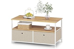 ‎WEEU Beistelltisch Couchtisch Kaffeetisch Metall mit 2 Schubladen aus Stoff und Offenem Fach Sofatisch Quadratisch TV Schrank Klein mit Ordnungsboxen aus Holz und Stahl für Wohnzimmer Weiß & Beige