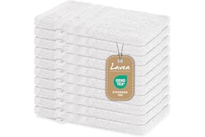 Lavea® 10 Guanti da Bagno 15x21 cm in Spugna di Cotone 100% Morbidi e Assorbenti, per Casa Hotel Spa – Manopola da Bagno con Gancetto – Bianco