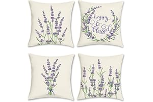 Bonhause Poszewki na poduszki z motywem kwiatu lawendy, zestaw 4 szt., fioletowe, kwiatowe, wiosenne, dekoracyjne, poliester, lniane poszewki na poduszki, na sofę, kanapę, do sypialni, do wewnątrz, na