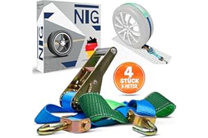 NTG 4 Pieces Sangle d'arrimage pour Voiture Sangles de Serrage 3000 KG Longueur 3200 Sangle de Serrage Voiture Sécurisation des Roues Arrimage des Roues 35mm Sangles pour pneus Sangles