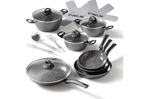 ‎STONELINE STONELINE® 19546 CERAMIC Kochgeschirr Set, 16-teilig, mit Glasdeckeln, induktionsgeeignet, Antihaftbeschichtung mit echten Steinpartikeln, Topfset, Pfannenset