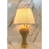 Decodelight GoldMetal Ayaklı G&ouml;vdesi &Ouml;rme Hasır İp El İşi &Ouml;rmeli A&ccedil;ık Krem Kumaş ve Hazeran Modern Abajur Modelleri Aydınlatm