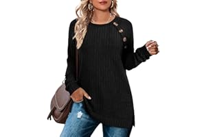 Aokosor Long Sleeve Tops Women Lightweight Jumpers Ladies Button Side Splits Tunic