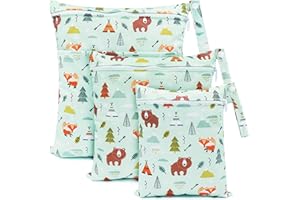 FenFang Bolsas Pañales Impermeables, 3 PCS Bolsa Muda Bebe, Wetbag Portátil para Mamá, Organizador de Colgar de Maquillaje Viaje Playa Piscina, Wet Bag de Tela Reutilizable Lavable (Oso Verde)