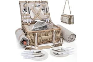 SATISINSIDE 31-teiliges Picknickkorb-Set für 4 Personen mit isoliertem Einsatz und wasserdichter Decke, Weinbeutel, großer Weidenkorb, Picknickkorb für Camping, Outdoor, Geburtstag, Weihnachten für Paare