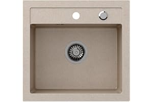 VBChome lavello da cucina 1 vasca 50 x 47 cm beige, granito, per installazione su piano cucina completo di sifone con tappo automatico