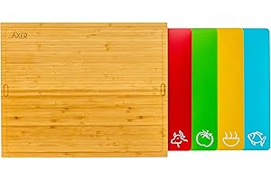 Axer Grande Set di taglieri in Legno di bambù con Tappetino da Taglio colorato in plastica Lavabile in lavastoviglie - Include 4 tappetini a Colori con Icone Alimentari