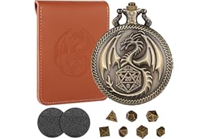 LKKCHER DESIGN Mini D&D Dice Set with Bronze Steampunk Dragon Pocket Watch Shell Case, DND Gifts with Dice Bag, 7pcs Polyhedral Metal D&D Dice Set, DND Starter Set, Role Playing Board Games Accessories