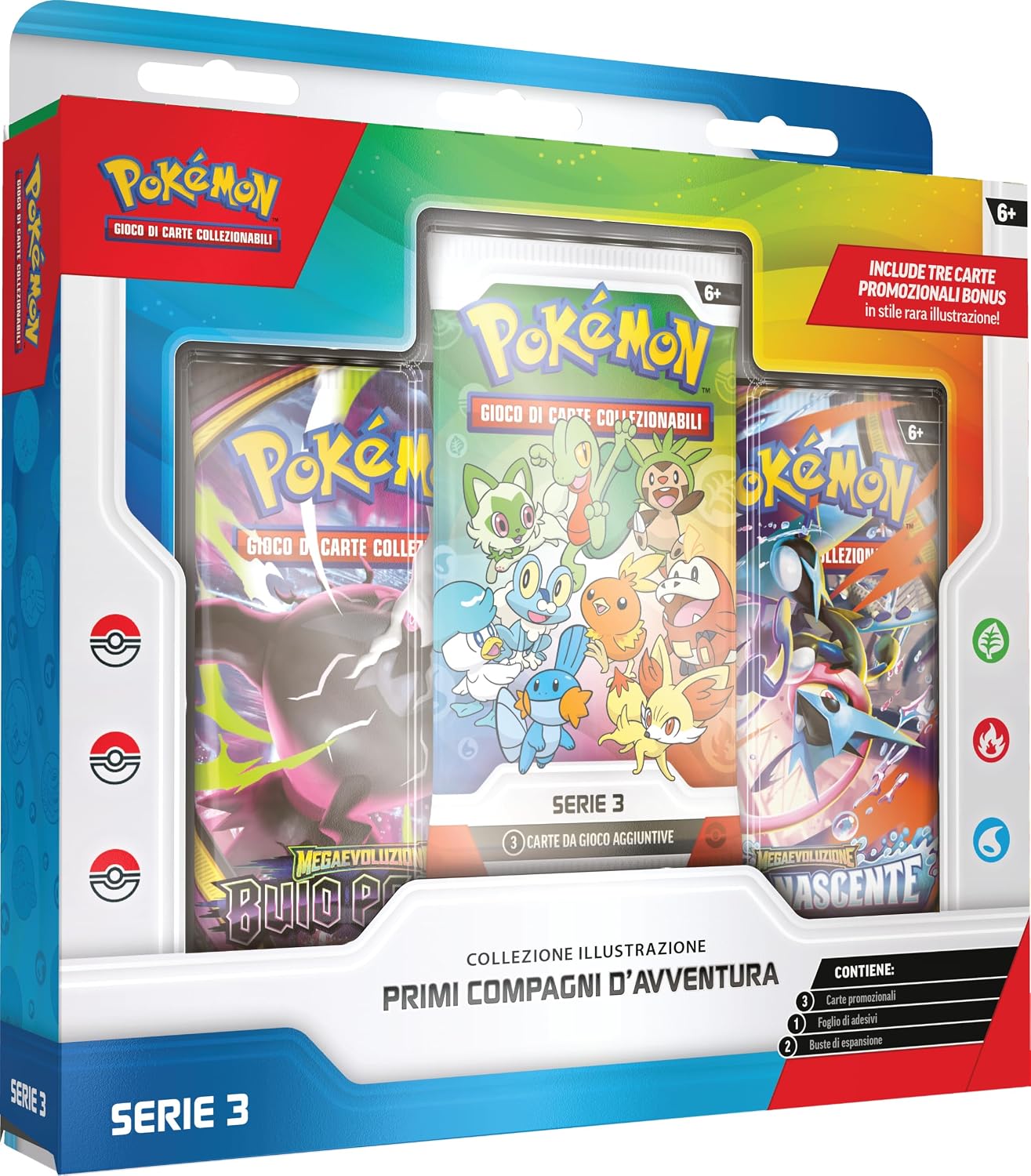 Pokémon: collezione illustrazione Primi compagni d’avventura - Serie 3 del GCC Pokémon (3 carte promozionali, 2 buste di espansione e 1 foglio di adesivi), Edizione in Italiano