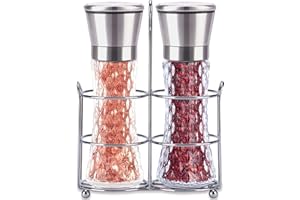LISRSC Salt and Pepper Mill Set of 2, Refillable Salt and Pepper Grinders with Stand, Manual Ceramic Spice Grinders with Adjustable Coarseness Stainless Steel Glass Body Shakers Gift Set