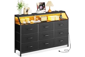 ODK Black Chest of Drawers Bedroom with 9 Fabric Drawers, Storage Dresser with 2 Sockets 2 USB Ports and LED Light Strip, Suitable for Bedroom, Living Room, 137 * 30 * 88cm Black