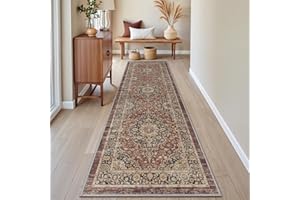 DEXI Alfombra Pasillo 61 x 213 cm, Alfombras Cocina Lavable Antideslizante, Tapete Vintage de Pelo Corto y Suave para Entrada, Lavandería o Comedor, Rojo óxido