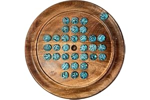 THORNESS Solitaire Brettspiel aus Holz, 22 cm Durchmesser, ab 10 Jahren, mit brillanten blauen Sauerstoffglas-Marmoren, klassisches Solitär-Spiel aus Holz, Strategie-Brettspiel, Familien-Brettspiel, Spiele für