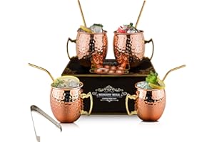 IRONABLE Juego de 4 Vasos Moscow Mule(550ml), Vasos de Cobre de Moscow Mule, Martillados Hechos a Mano, Vasos de Cóctel con 4 Tazas de Cobre, 4 Pajitas, 1 Pinzas para Hielo, 1 Brush.