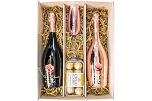 SPARKLEWARE Bottega Petalo Moscato and Rosé Moscato 2 x 75cl, Twin Gift Set Hamper For Her With Rose Pink Champagne Flute Glass and Ferrero Rocher Chocolates, Gift Boxed - Pink Fizz Gifts For Her