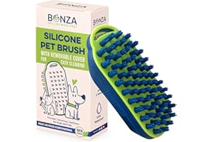 Bonza - Cepillo de masaje para perros y gatos, fácil de limpiar con estructura removible, bueno para baños, cerdas suaves de silicona, seguro para tu mascota, para mascotas con pelo medio a largo