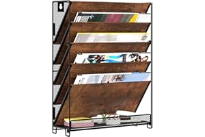 Senhoglb A4 Metall Zeitungshalter Wand, 5-stöckig, Netz-Hängeregister, Holz Zeitschriftenständer, Dokumenten Organizer, Wandhalterung Aktenhalter mit Tray, Prospekthalter Wand für Büro, Antik Braun