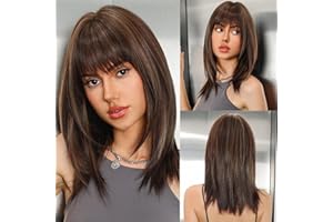 ‎OUFEI OUFEI Gemischt Braun Perücken für Frauen Mittellang Lange Gerade Perücke mit Pony Synthetisches Haar Hitzebeständige Perücken für Die Tägliche Party Cosplay Wear