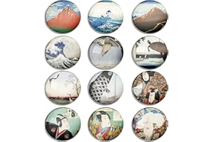 Berkin Arts 12 pezzi di magneti per frigorifero in vetro cristallo trasparente rotondo, forte magnetico, adesivi frigo Ukiyo-e La grande onda Collezione giapponese Serie Katsushika Hokusai