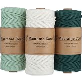 Set of 3 Rolls of Macrame Cotton Yarn, 3 mm, Blue, Green and White, Craft Cord for DIY, Tapestry Creation and Boho Decoration