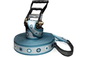 SECOROCO Kit de Slackline - Motif étoiles Bleues - Longueur : 15 m - Kit Complet pour Enfants, débutants et familles - avec Corde de Maintien et Sac de Transport