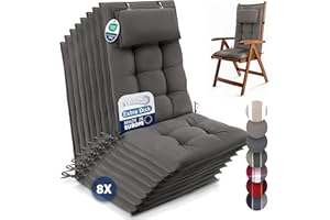 ‎BEAUTISSU Beautissu 8er Set Premium Hochlehner Auflage mit Kopfpolster 120x50cm Sun-HL – 8cm Dick Polster Gartenstuhlauflage rutschfest Befestigungsbänder UV-Lichtechtheit 5 – Robust Stoff Uni Taupe