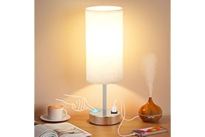 Seealle Touch Control Bedside Lamps, Dimmable Bed Side Table Lamp with 2 USB Charging Ports, Dimmer Touch Bedside Lamps for Bedroom Living Room with Beige White Fabric Shade (Bulb Included)