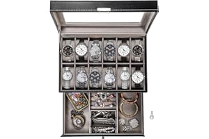 Tebery Caja de reloj de 12 ranuras con cerradura con tapa de cristal, 2 capas de soporte de reloj organizador con 1 cajón para anillos y pulseras, regalo para novio (negro)