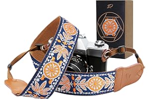 Padwa Lifestyle Kameragurt - 2“ Rindsleder Kopf Kameragurt für Fotografen, Vintage Jacquard Stickerei gewebt Baumwolle verstellbare Schulter Nackenriemen für Kameras, Ferngläser - Orange Stickerei