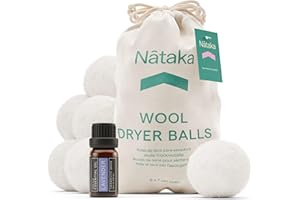 NATAKA 6-PCS Tumble Dryer Balls, Laundry Balls for Washing Machine, Reusable Washing Balls with Essential Oil & Laundry Bag, Wool Dryer Balls for Laundry UK, Natural Wool Tumble Dryer Cleaner, Extra Large