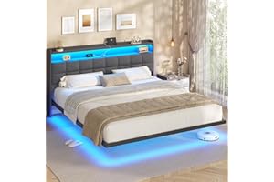 ‎AOGLLATI AOGLLATI Polsterbett 180x200 cm, Doppelbettgestell, Bettrahmen mit LED-Beleuchtung und Ladestation, Bettgestell mit Kopfteil, Bett Schwebebettrahmen, Metallbett, Leinen, Dunkelgrau (ohne Matratze)