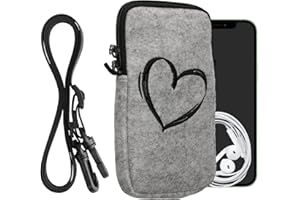 kwmobile Handytasche für Smartphones L - 6,5" - Filz Handy Hülle Schwarz Hellgrau - Handy Tasche mit Kette 16,5 x 8,9 cm Innenmaße - Herz Brush