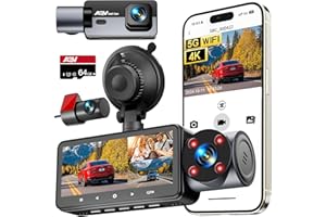 AQV 4K Dash Cam Auto, 5G WiFi 3-Canali Telecamera per Auto 2.5K+1080P+1080P, Visione Notturna,Registrazione in Loop,con Scheda SD da 64GB,3.16" IPS,Sensore G,WDR,24H Monitor di Parcheggio,Max 256GB